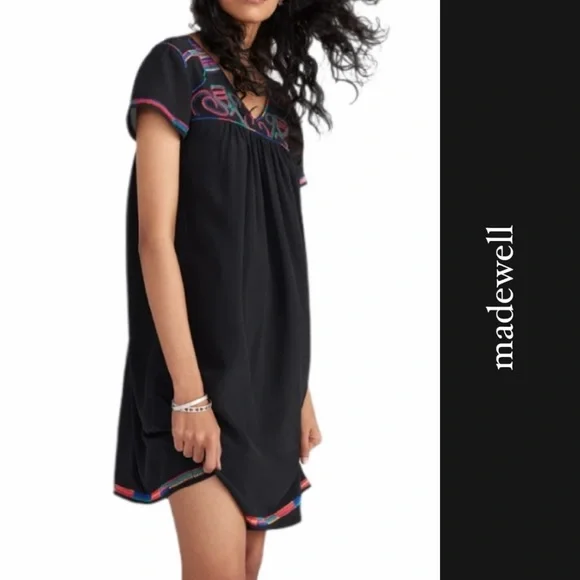Madewell | Dresses | Madewell Silk Embroidered Shift Dress In Black F571 M  | Poshmark